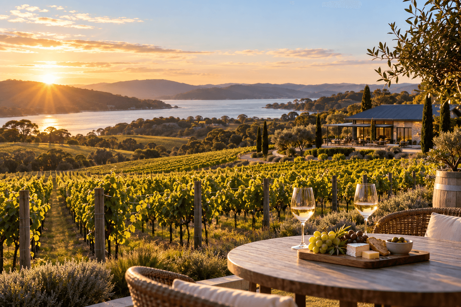 Hunter Valley vineyard terrace overlooking green rolling hills